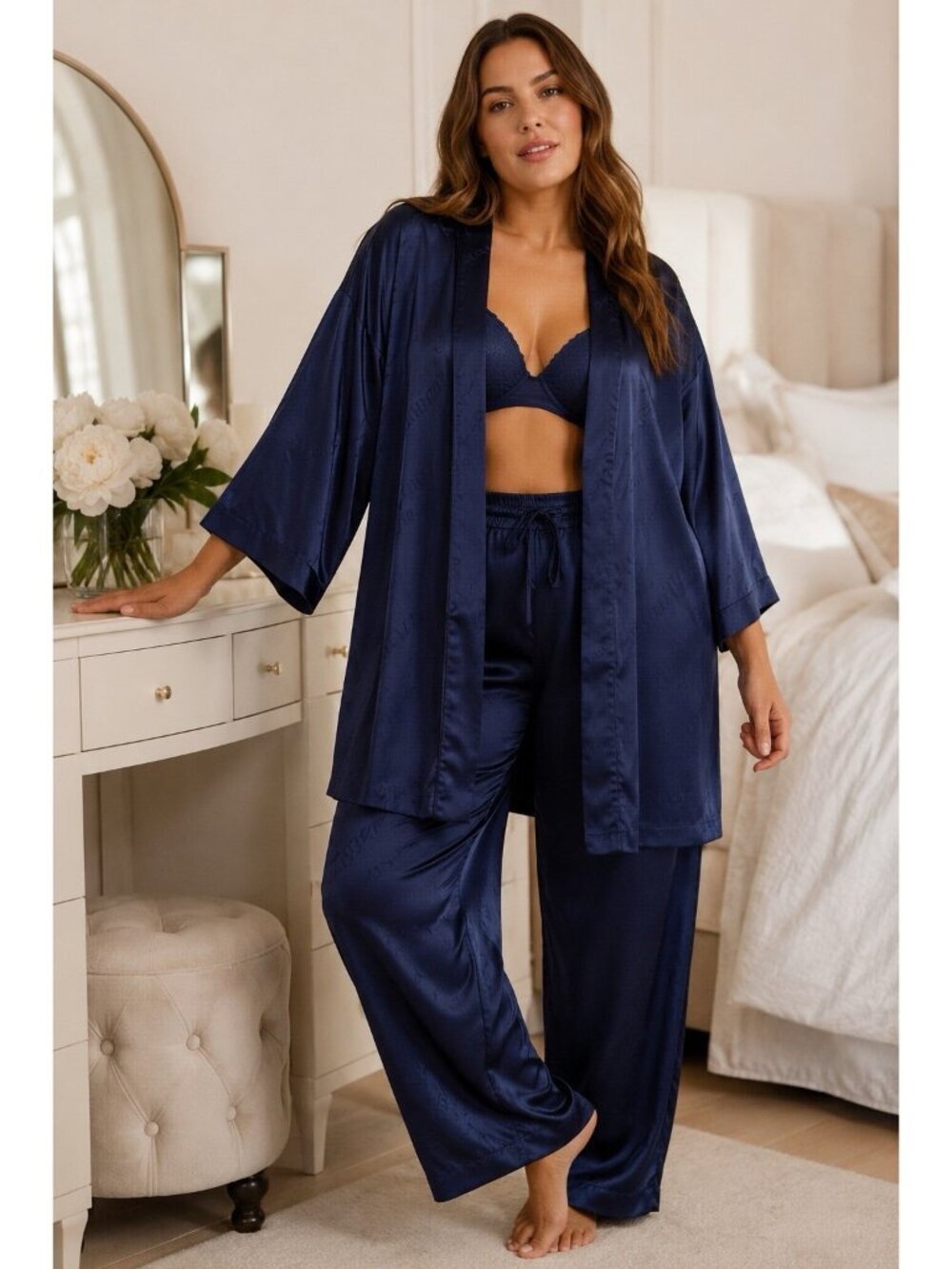 Victorias Secret Womens Robe Pajama Pant Set Sz Medium Large Navy Blue Satin